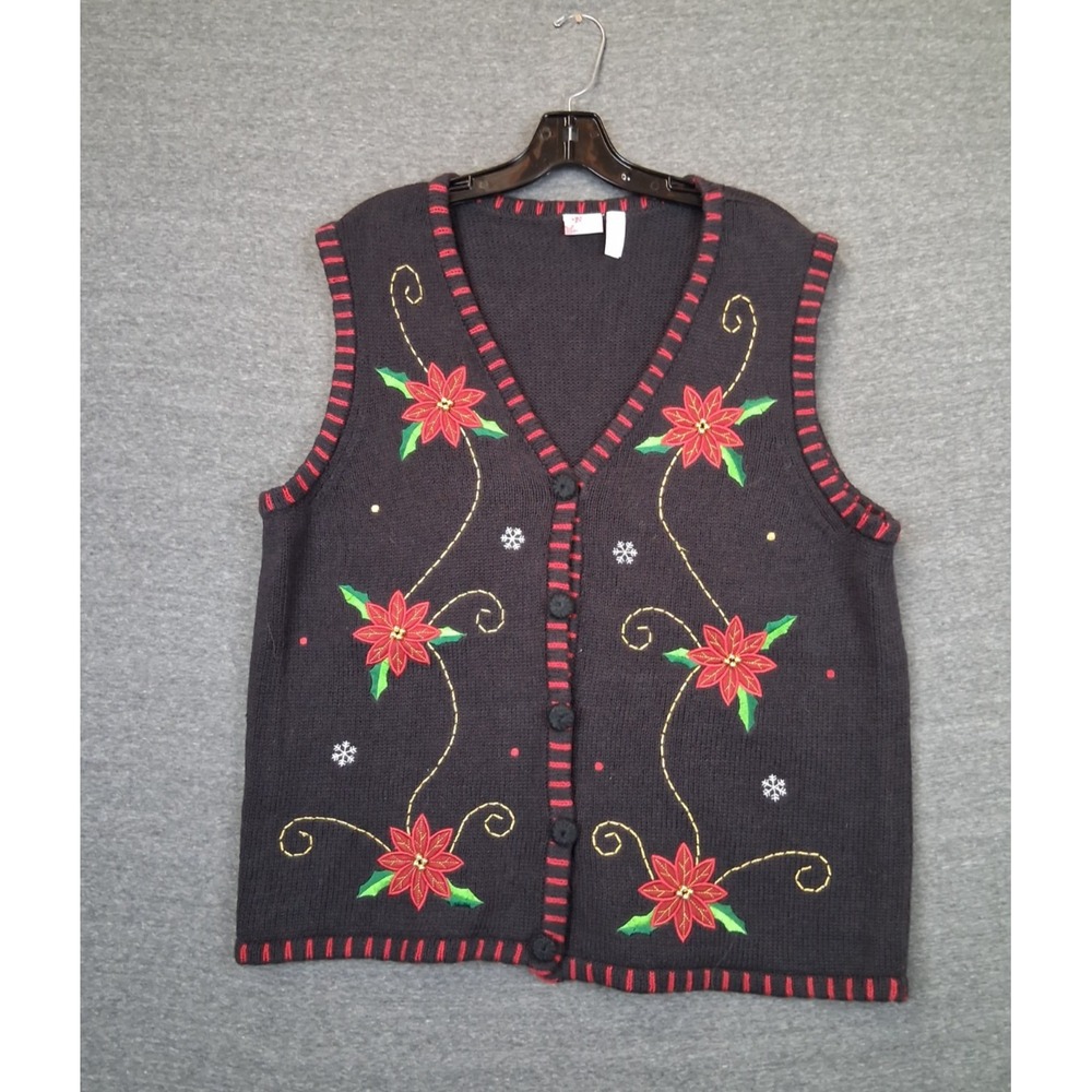 Holiday Editions Womens Sweater XL Black Floral Embroidered Poinsettia Grannie